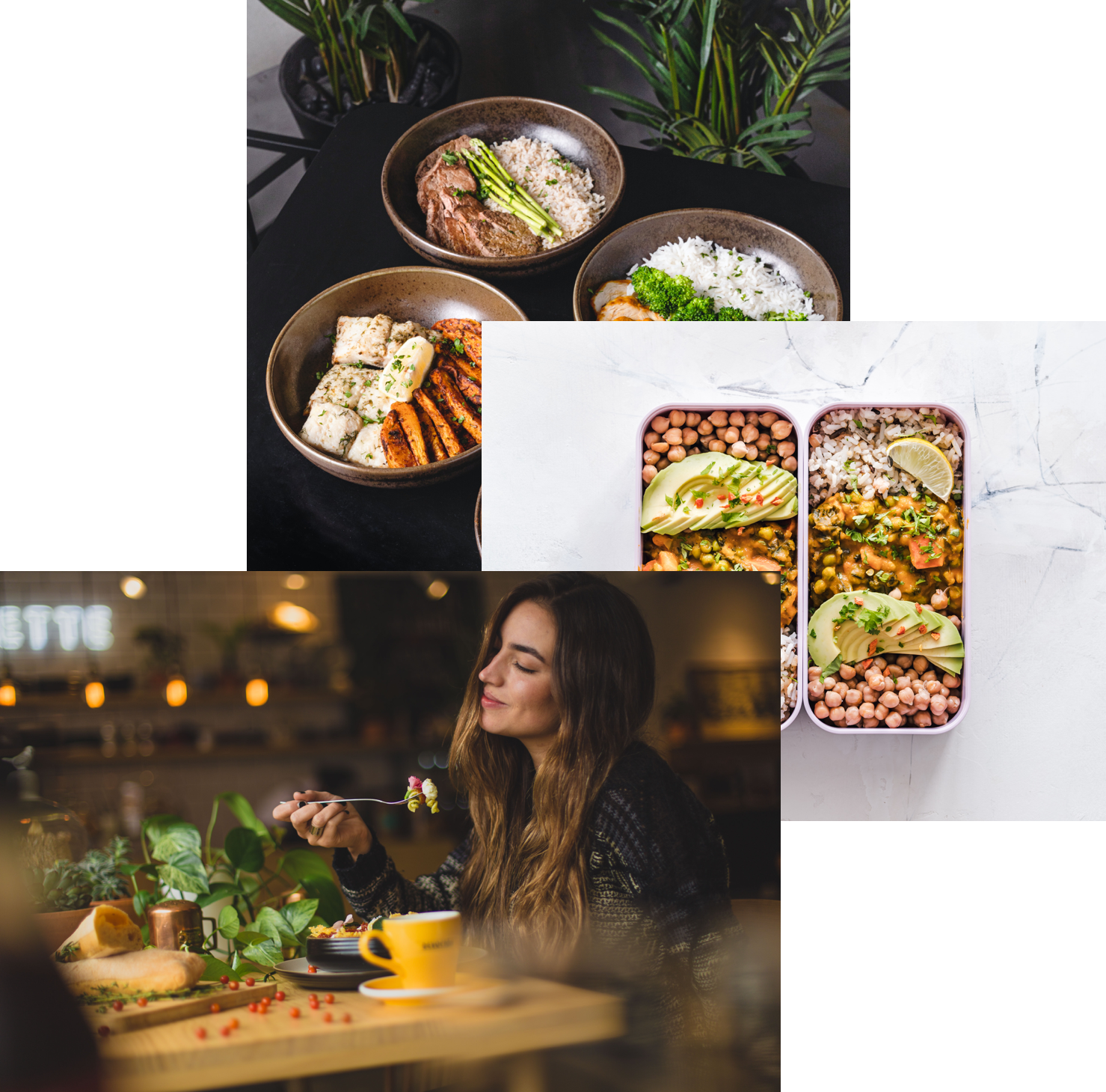 Woman enjoying her food, food inside a container and delicious meal bowls